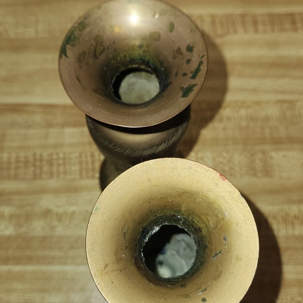 Pair (2) Vintage Etched Floral Pattern Brass Vase 6inches